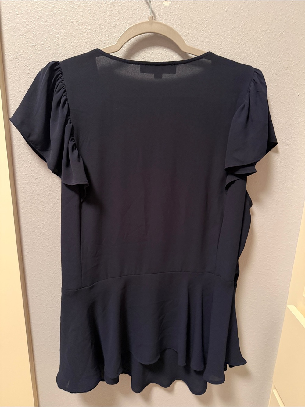 LOFT Navy Wrap Blouse with Flutter Sleeves and Side Tie - Picture 3 of 3